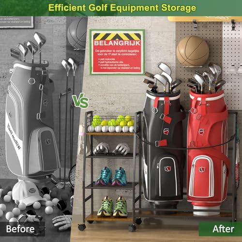 DAOUTIME Golf Bag Storage Rack for Garage with Wheels, Organizer for Golf Bag and Equipment Accessories, Golf Organizer Stand Ideal for Home, Garage, Club, Shed, Basement - Sturdy and Durable (Black) - Image 3