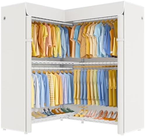 ULIFHOME E15C Pro Garment Rack L Shaped Clothes Rack for Corner，Freestanding Clothing Racks for Hanging Clothes，Heavy Duty Closet System 48.8"W x 15.8"D x 78.4"H，White Rack with White Dustproof Cover by UlifHome