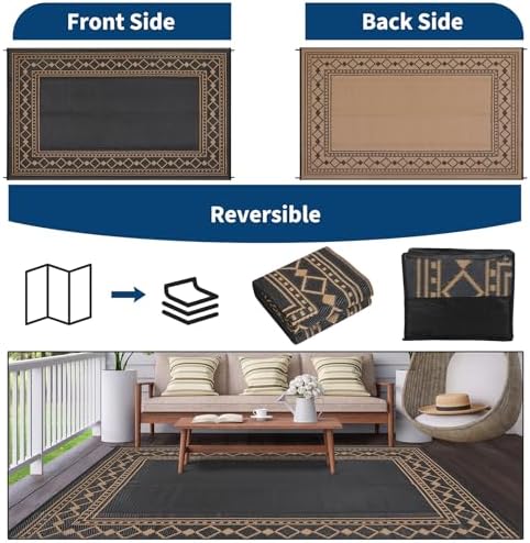 GlowSol 9x12 Outdoor Patio Rug Waterproof Reversible Camping Rug, Lightweight RV Mat for Backyard Deck Porch Balcony Garden Beach Picnic, Stain Resistant Outdoor Area Rug for Home Decor, Black/Brown - Image 6