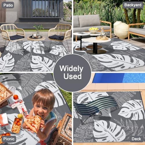 GlowSol Waterproof 9x18 Outdoor Rug for Patio Reversible Plastic Straw Rug Floral Camping Carpet with Carry Bag, Stain & UV Resistant Portable RV Carpet for Camper Deck Balcony Porch Beach Picnic,Grey - Image 7