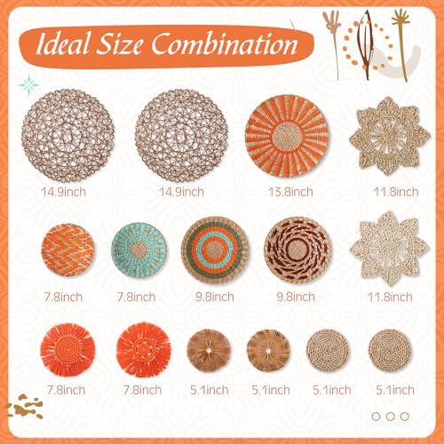 Anglechic 15 Pcs Boho Wall Basket Decor Woven Rattan Seagrass Wall Decor Hanging Rustic Farmhouse Western Art Decoration for Nursery Living Room Bedroom Home Kitchen(Orange Style) - Image 3