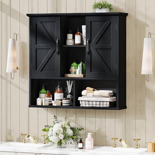 Vabches Bathroom Wall Cabinet, Farmhouse Medicine Cabinet with Double Barn Door and Adjustable Shelves, Wooden Vintage Storage Cabinet Wall Mounted for Bathroom, Kitchen Dining, Rustic Black - Image 3