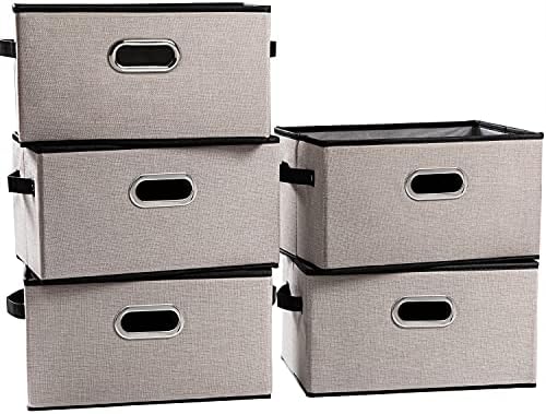 PRANDOM Large Fodable Storage Bins for Closet [5-pack] Decorative Linen Fabric Storage Bins Cubes with Leather/Metal Handles for Shelves Bedroom Living Room Light Grey (14.9x9.8x8.3 Inch) by Prandom
