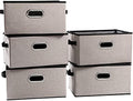 PRANDOM Large Fodable Storage Bins for Closet [5-pack] Decorative Linen Fabric Storage Bins Cubes with Leather/Metal Handles for Shelves Bedroom Living Room Light Grey (14.9x9.8x8.3 Inch) by Prandom