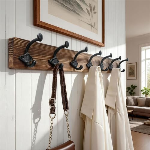 WEBI Rustic Coat Rack Wall Mount,30" Long 7 Cast Iron Coat Hooks Wall Mounted,Heavy Duty Farmhouse Wood Coat Hanger Wall Antique Vintage Hooks for Hanging Jacket,Clothes,Backpack,Brown,2 Packs - Image 2