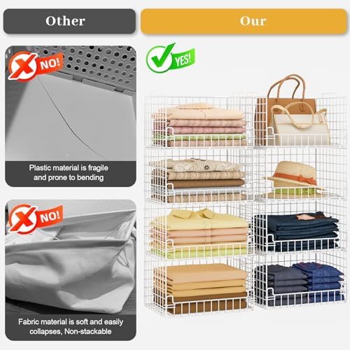 4-Tier Stackable Closet Organizers and Storage Basket - Foldable Closet Shelf Organizer System, Sturdy Metal Space-Saving Clothes Storage Bins for Wardrobe, White - Image 3