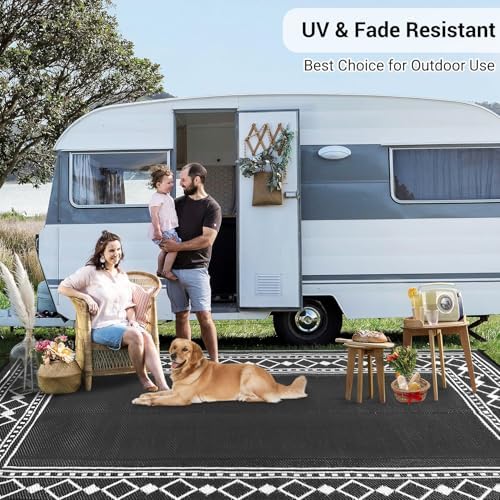 GlowSol 9x12 Outdoor Patio Rug Waterproof Reversible Camping Rug, Lightweight RV Mat for Backyard Deck Porch Balcony Garden Beach Picnic, Stain Resistant Outdoor Area Rug for Home Decor, Black/White - Image 7