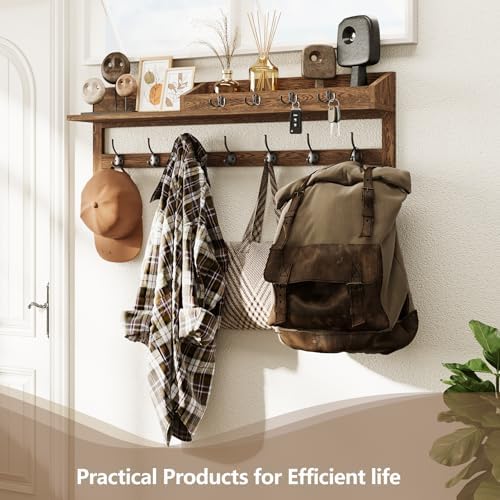 AMBIRD Coat Rack Wall Mount, 35 inch Large Wall Hooks with Shelf, Entryway Shelf with 7 Dual Coat Hooks 4 Key Hooks Mail Organizer, Wooden Coat Hanger and Key Holder Wall Mount - Image 3