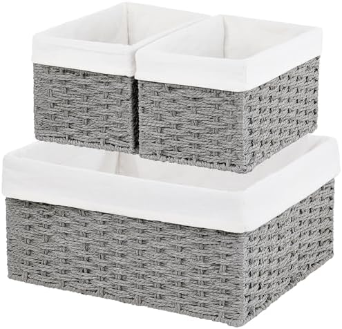 Vagusicc Wicker Basket, Set of 3 Hand-woven Storage Baskets for Organizing, Decorative Rectangle Wicker Storage Basket Bins with Handles, Small Toilet Paper Storage Baskets for Shelves & Decor, Grey by Vagusicc