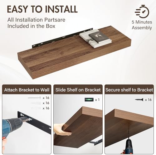 Acovy 36 Inch Floating Shelves, 12" Deep Floating Shelf Wall Mounted, 36" Wall Shelves, Rustic Deep Bookshelf, Extra Deeper & Thicker Display Shelves for Bedroom, Living Room, Walnut, Set of 2 - Image 6