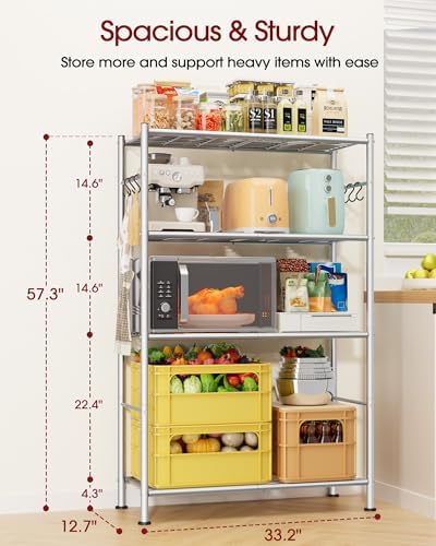Sakugi 4-Tier Storage Shelves with 6 Hooks, 33.2" x 12.7" x 57.3", Sliver - Image 3