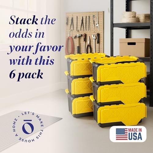 HOMZ 6-Pack Durabilt Tote, Heavy Duty Plastic Storage Bins with Lids, 15 Gallon, Black/Yellow - Stackable Organizing Containers for Home, Garage, and Office - Image 2