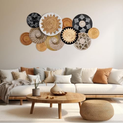 11 Pcs Boho Hanging Wall Basket Decor Handmade Woven Basket Wall Decorative Boho Wicker Baskets Placemats Round Farmhouse Bulrush Art for Rustic Home Decorations Christmas Gift(Stylish) - Image 2