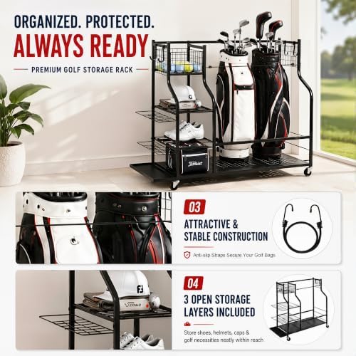 DuraMax Golf Bag Storage Rack for Garage with Wheels, Golf Bag Organizer, Golf Club Storage Rack, Golf Bag Stand, Golf Storage Organizer - Image 6