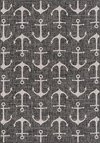 Unique Loom Outdoor Coastal Collection Area Rug - Ahoy (7' 1" x 10' Rectangle, Charcoal/ Ivory) - Image 3