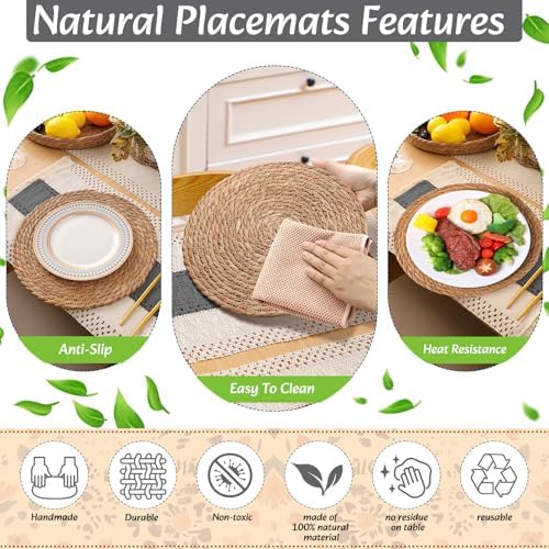 6 Sets Boho Placemat Table Runner Napkin Rings, Gray, 12x72 - Image 5