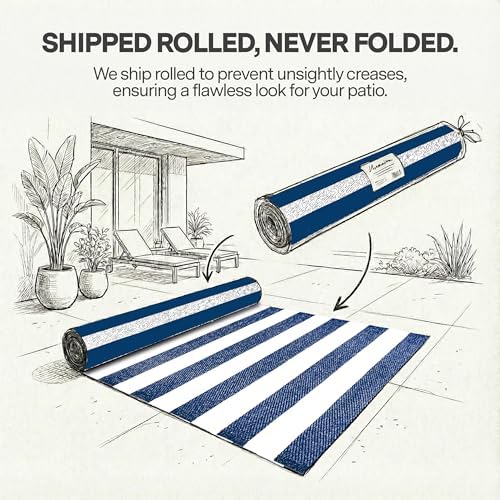 FH Home Outdoor Rug - Waterproof, Fade Resistant, Reversible - Premium Recycled Plastic - Striped - Large Patio, Deck, Sunroom, Camping, RV - Brittany Stripe - Blue & White Crease Free - 6 x 9 ft - Image 3