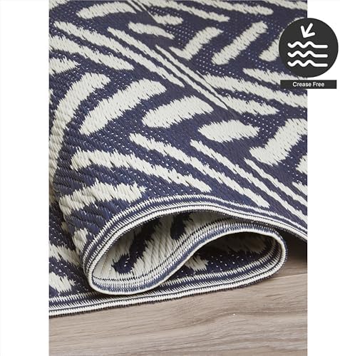 FH Home Outdoor Rug - Waterproof, Fade Resistant, Reversible - Premium Recycled Plastic - Herringbone - Patio, Deck, Porch, Balcony, Laundry Room - Fresno - Navy Crease Free - 4 x 6 ft - Image 6