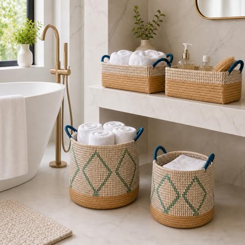 Handmade Seagrass Storage Basket Set - 4 Pack with Built-in Carry Handles, 7.6-49L Capacity, Multi-Size Large Capacity Organizer for Home, Bedroom, Living Room, 96.3L Total - Image 3