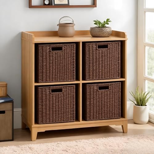 UBBCARE 3 Pack Wicker Basket, 11L×11H×10.5W inch Woven Paper Rope Storage Baskets for Shelves, Foldable Cube Storage bin with Handle, Storage Basket for Organizing & Decor, Brown - Image 3