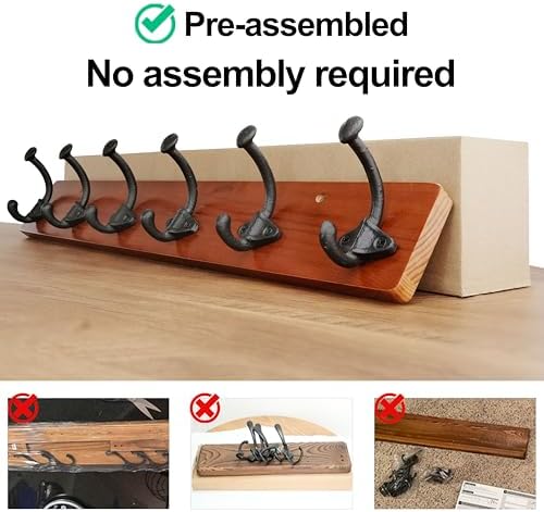 WEBI Rustic Coat Rack Wall Mount,24" Long 6 Cast Iron Coat Hooks Wall Mounted,Heavy Duty Farmhouse Wood Coat Hanger Wall Antique Vintage Hooks for Hanging Jacket,Clothes,Backpack,Cherry - Image 4
