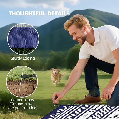 Outsunny Outdoor Rug for Patio Waterproof 9' x 18' Blue & White Geometric - Image 7