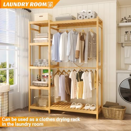 Homykic Bamboo Clothing Rack with 7 Adjustable Shelves, 2 Hang Rods - Image 7