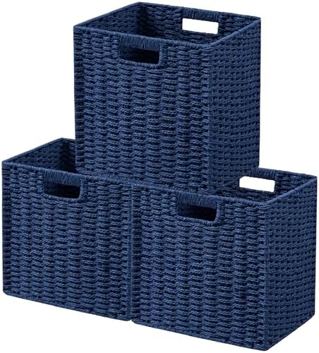 UBBCARE 3 Pack Wicker Basket, 11L×11H×10.5W inch Woven Paper Rope Storage Baskets for Shelves, Foldable Cube Storage bin with Handle, Storage Basket for Organizing & Decor, Navy Blue by UBBCARE