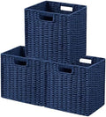 UBBCARE 3 Pack Wicker Basket, 11L×11H×10.5W inch Woven Paper Rope Storage Baskets for Shelves, Foldable Cube Storage bin with Handle, Storage Basket for Organizing & Decor, Navy Blue by UBBCARE