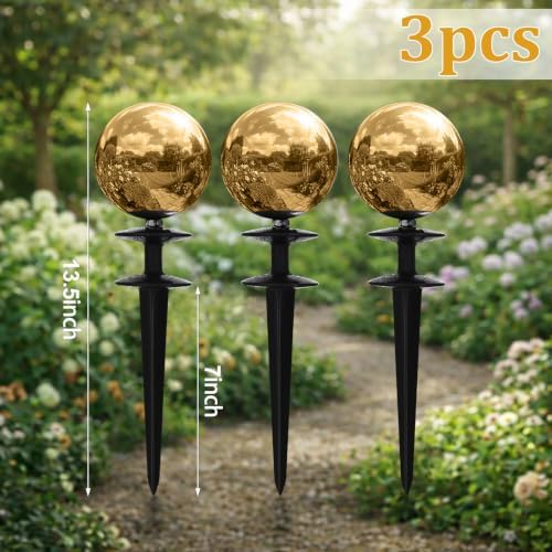 Tandefio 3 Pcs Garden Hose Guide Spike 13.5'' Decorative Ball, Gold - Image 4