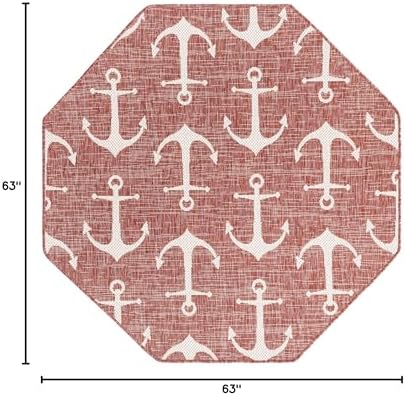Unique Loom Outdoor Coastal Collection Area Rug - Ahoy (5' 3" Octagon, Rust Red/ Ivory) - Image 2