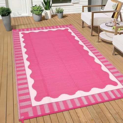 Garvee Scalloped RV Outdoor Rugs 9x18 Patio Rugs Outdoor Waterproof, Pink - Image 2