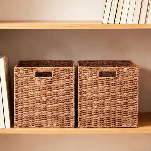 UBBCARE 3 Pack Wicker Basket, 11L×11H×10.5W inch Woven Paper Rope Storage Baskets for Shelves, Foldable Cube Storage bin with Handle, Storage Basket for Organizing & Decor,Caramel - Image 3