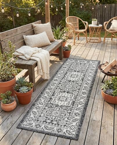 Rugs.com - Outdoor Aztec Rug – 6 Ft Runner Charcoal Gray Easy-Clean Indoor/Outdoor Rug – Perfect for Patios, Decks, and Porches by Rugscom