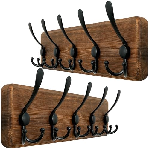 WEBI Rustic Coat Rack Wall Mounted,Wood Coat Hanger Wall,5 Coat Hooks,16" Hole to Hole,Hook Rack Rail,5 Triple Hooks for Hanging Jacket,Clothes,Hats,Entryway,Brown,2 Packs by WEBI