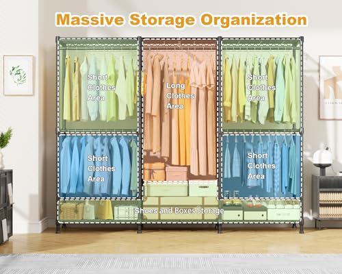 ULIFHOME E14C Pro Heavy Duty Closet Organizer System，Freestanding Clothing Racks for Hanging Clothes，Adjustable Garment Rack 69" W × 16" D × 77" H Hold 960 lbs，Black Rack with Black Dustproof Cover - Image 3
