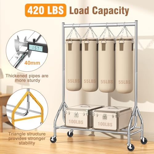 EAGMAK Heavy Duty Clothes Rack Load 420 LBS, Rolling Garment Rack with Lockable Wheels, Standing Metal Clothing Rack with Shelves, Portable Wardrobe Sturdy Coat Rack for Hanging Clothes (Silver) - Image 2