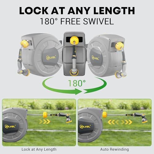 SILVEL 1/2 in x 110 FT Retractable Garden Hose Reel, UV Resistant Heavy Duty Automatic Hose Reel Wall Mount with 10 Pattern Nozzle, Any Length Lock & Slow Return System, 180°Swivel Bracket, Yellow - Image 6