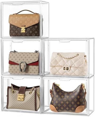 HBlife Purse Storage Organizer for Closet, Clear Stackable Handbag Display Case Box with Magnetic Door for Collectibles, Cosmetics, Women Heels and Toys, Large, 5 Pack by HBlife
