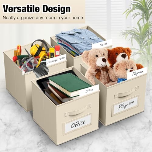 Teenyyou 10 Pack Fabric Storage Cubes 11 Inch Collapsible Cube Bins with Label Window & Handle Foldable Organizers Baskets for Shelf Closet Nursery Kids Room Clothes Book Toy(Beige) - Image 4