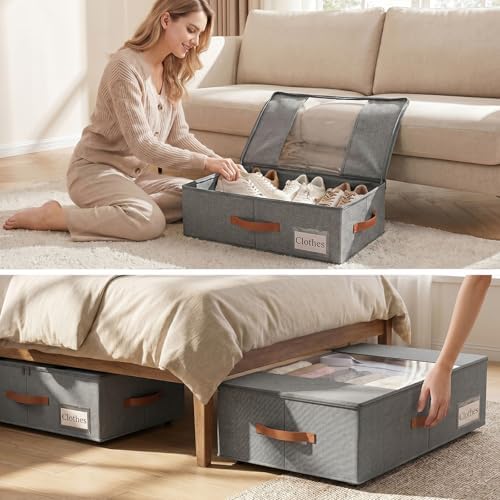 TOSKING 2-Pack Under Bed Storage Bins with Wheels, 4 Vacuum Bags, Heavy Duty 80 lbs, 7.9" Height, 47L Clear Lid Organizer, Space Saver for Dorm Bedroom Clothes Shoes Toys, Quick Assembly, Gray - Image 2