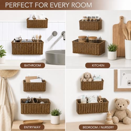AceList Hanging Wall Basket with Removable Dividers, Set of 2 Woven Storage Baskets - Faux Rattan Wall Mounted Organizer for Kitchen Bathroom, Includes 5 Clear Hooks & 5 No-Mark Nails, Boho Decor - Image 4