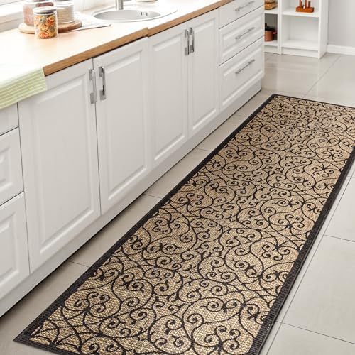 Eyely Filigree Weave Runner Rug 2X8 Black/Khaki, Indoor Outdoor Rug by eyely