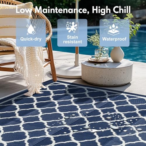 Waterproof Outdoor Rug 9x18 ft, Reversible Plastic Straw Rug, Easy to Clean Patio Rug, Portable Carpet for Patio, RV, Deck, Balcony, Backyard, Picnic, Beach, Clover, Navy Blue - Image 3