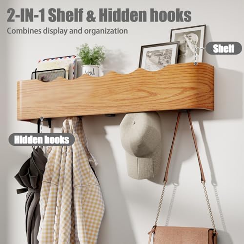Coat Rack Wall Mount with Shelf 5 Hidden Hooks Modern Wooden Key Holder Entryway Organizer for Hallway Bedroom Bathroom Home Decor Storage for Hanging Coats Hats Bags Towels, Wave-Shape Oak - Image 2