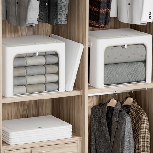 FHSQX 2 Pack Clear Window Storage Bins Large Stackable Linen Fabric Storage for Clothes Foldable Container Organizer Set with Carrying Handles (Lvory White, 23.6x 16.5x 15.7 Inch) - Image 3