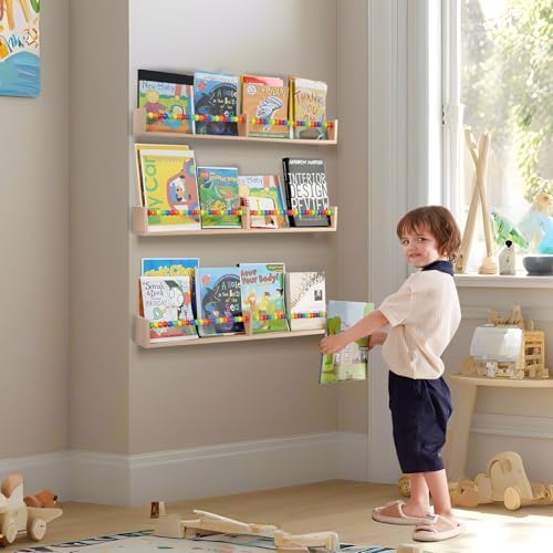 birola Nursery Book Shelves Set of 3,Wood Floating Book Shelves for Wall,Wall Book Shelf for Kids，Bathroom Decor, Kitchen Spice Rack (Five-Color Beads) - Image 4