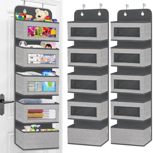 homyfort 2 Pack Over the Door Hanging Organizer with 5 Large Pocket and Clear Window, Sturdy Over the Door Storage Organizer for Closet, Pantry, Bathroom,Bedroom, Nursery, Dorm (Grey) by homyfort