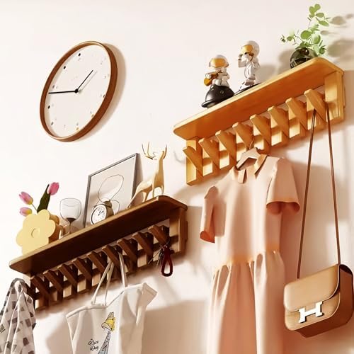 Paint Wood Wall Mounted Coat RackHooks Piano Key Hangers Natural Solid Wood Hanger Non-Woven Fabric Clothes Hangers for Closet, Kitchen, Bedroom, Bathroom, Entryway（Shelf+Walnut 6 Hooks） - Image 4