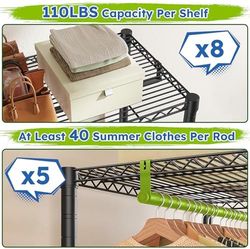 Raybee Clothes Rack, Freestanding Closet Storage System, 5 Rods 8 shelves - Image 5